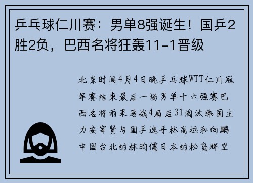 乒乓球仁川赛：男单8强诞生！国乒2胜2负，巴西名将狂轰11-1晋级