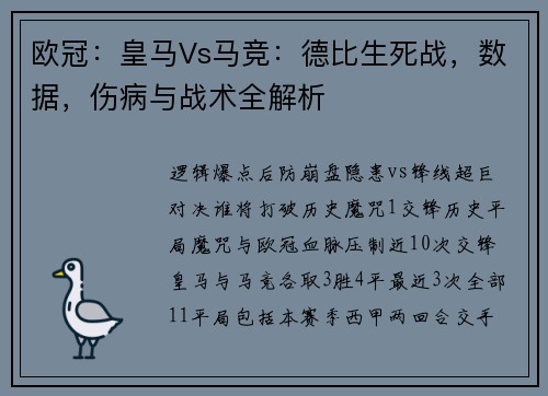 欧冠：皇马Vs马竞：德比生死战，数据，伤病与战术全解析