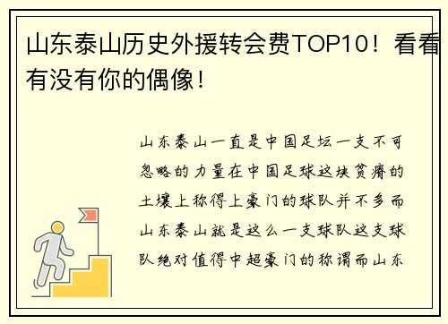 山东泰山历史外援转会费TOP10！看看有没有你的偶像！