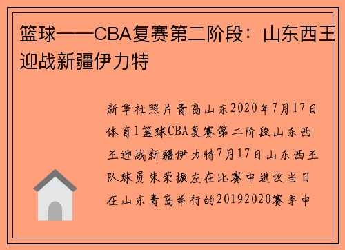 篮球——CBA复赛第二阶段：山东西王迎战新疆伊力特